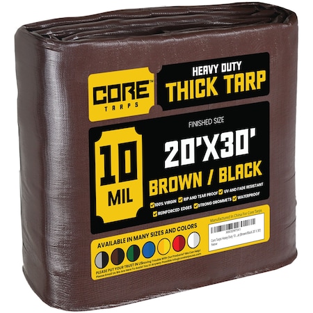Core Tarps Heavy Duty Tarp, 30 ft x 0.5 mm H x 20 ft W, 10 Mil, Brown/Black, Polyethylene CT-602-20X30